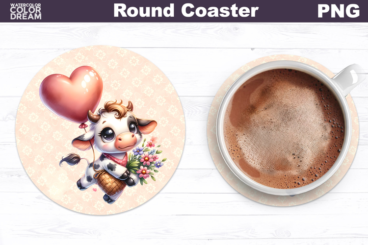 Cow Valentine Round Coaster | ute Cow Balloon Coaster