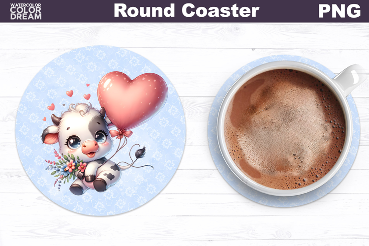 Cow Valentine Round Coaster | Cute Cow Balloon Coaster