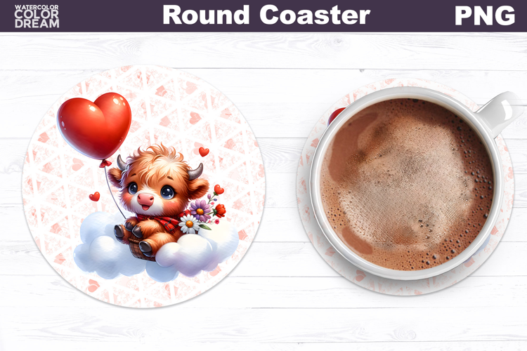Highland Cow Valentine Round Coaster | Cow Balloon Coaster