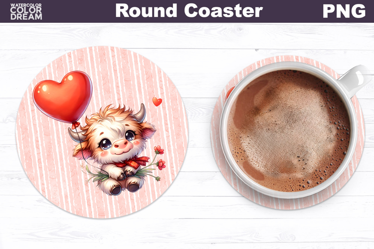 Highland Cow Valentine Round Coaster | Cow Balloon Coaster