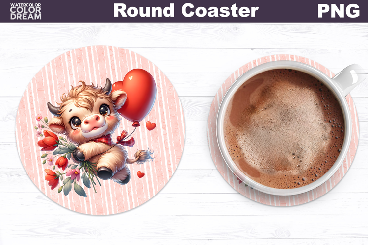 Highland Cow Valentine Round Coaster | Cow Balloon Coaster