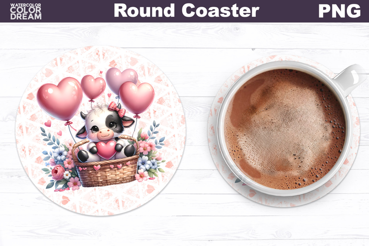 Cow Valentine Round Coaster | Cute Cow Balloon Coaster
