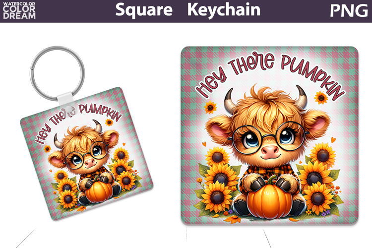 Fall Square Keychain | Highland Cow Pumpkin Sunflower