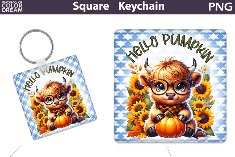 Fall Square Keychain | Highland Cow Pumpkin Sunflower