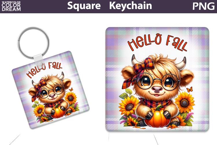 Fall Square Keychain | Highland Cow Pumpkin Sunflower
