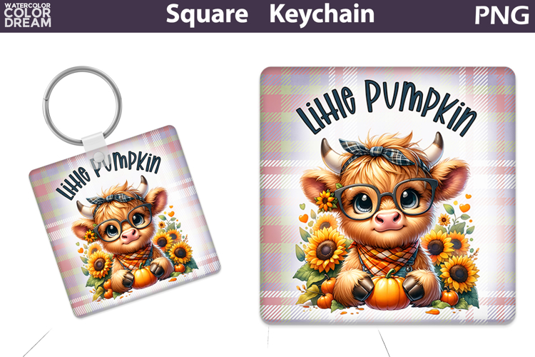 Fall Square Keychain | Highland Cow Pumpkin Sunflower