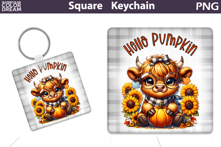 Fall Square Keychain | Highland Cow Pumpkin Sunflower