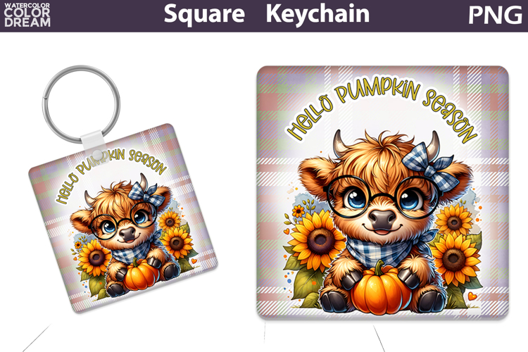 Fall Square Keychain | Highland Cow Pumpkin Sunflower