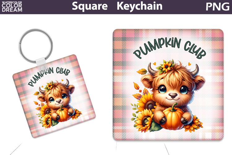 Fall Square Keychain | Highland Cow Pumpkin Sunflower