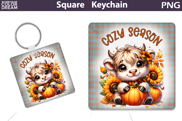 Fall Square Keychain | Highland Cow Pumpkin Sunflower