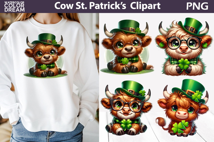 St Patrick Highland Cow Clipart | Lucky Shamrock Sublimation