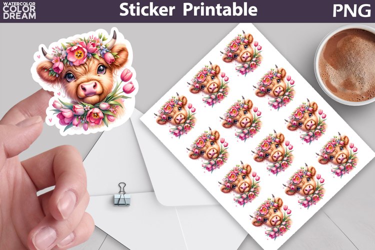 Highland Cow Tulip Sticker | Spring Cow Flowers sticker