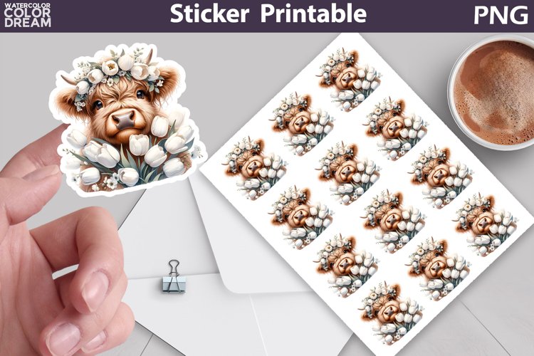 Highland Cow White Tulip Sticker | Spring Cow Flower sticker