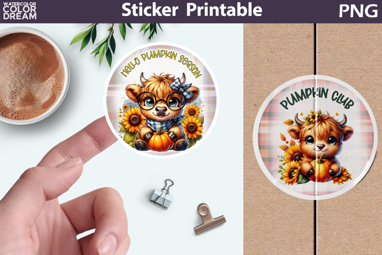 Fall Sticker Printable | Highland Cow Pumpkin Sunflowers