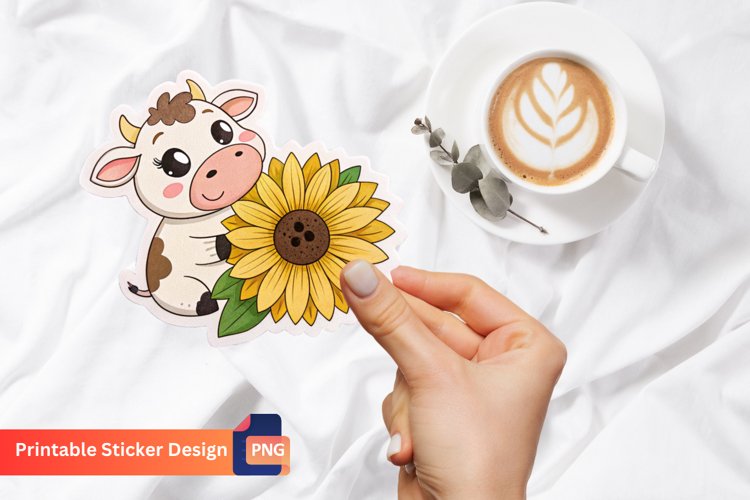 Cow Sunflower Sticker, Farm Animal Sticker, Cute Cow Decal example image 1