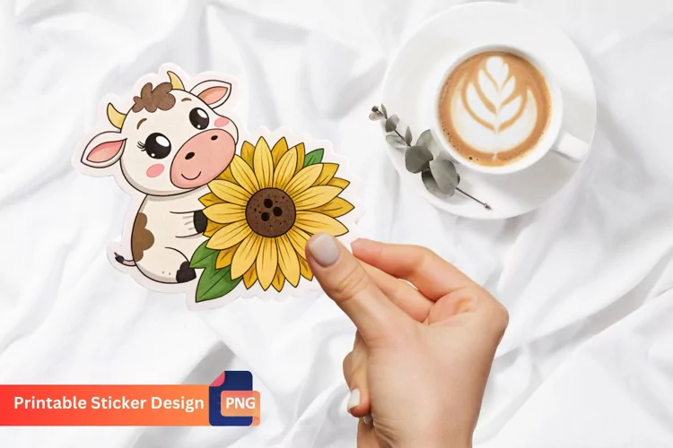 Cow Sunflower Sticker, Farm Animal Sticker, Cute Cow Decal