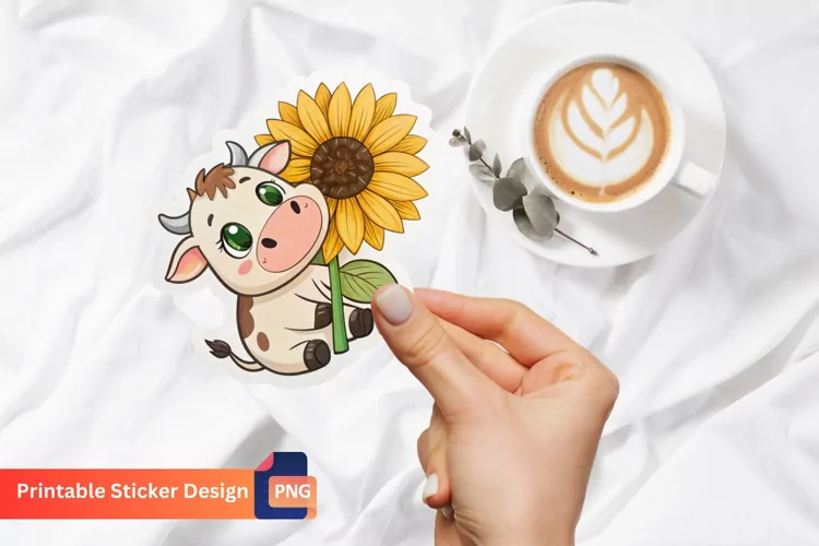 Cow Sunflower Sticker, Farm Animal Sticker, Cute Cow Decal
