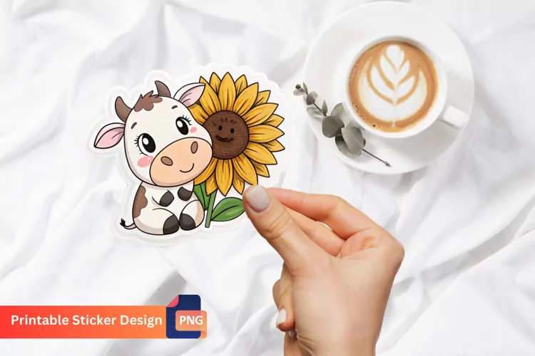 Cow Sunflower Sticker, Farm Animal Sticker, Cute Cow Decal