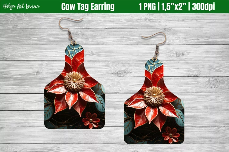 Cow Tag Earring Sublimation | Christmas poinsettia PNG