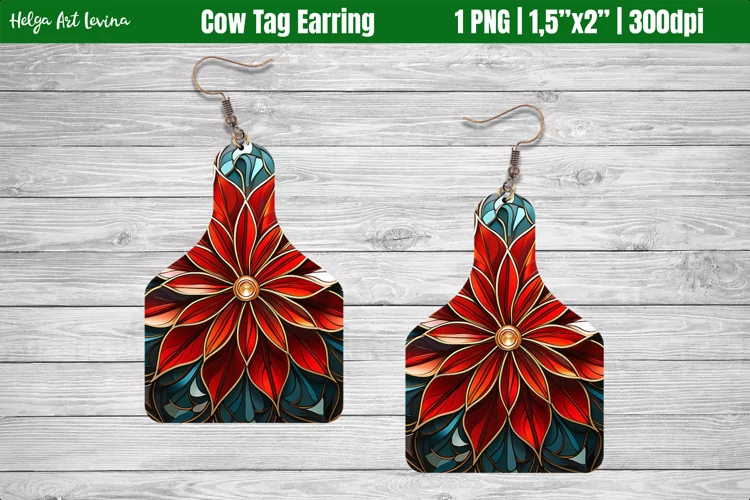 Cow Tag Earring Sublimation | Christmas poinsettia PNG