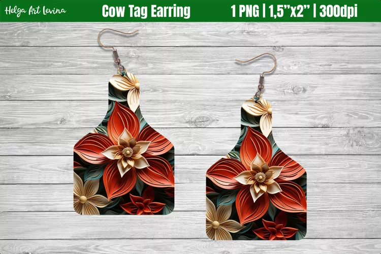 Cow Tag Earring Sublimation | Christmas poinsettia PNG