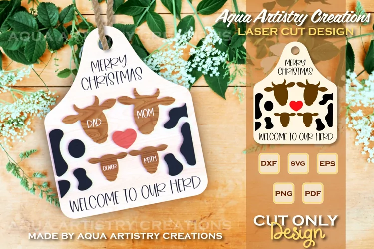 Merry Christmas Cow Tag for Family Laser Cut Ornament SVG