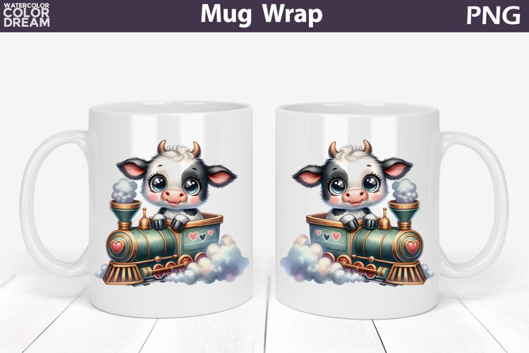 Cute Baby Cow Train Mug Wrap | Sweet Animal Design
