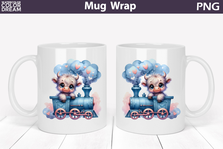 Cute Baby Highland Cow Train Mug Wrap | Sweet Animal Design