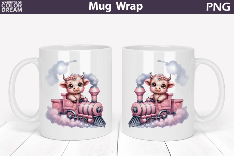 Cute Baby Highland Cow Train Mug Wrap | Sweet Animal Design