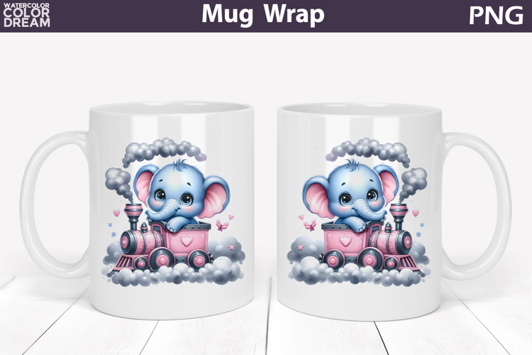 Cute Baby Elephant Train Mug Wrap | Sweet Animal Design