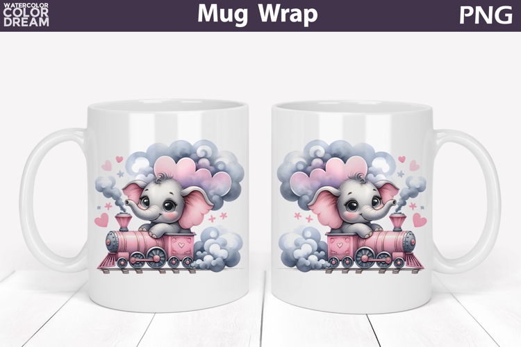 Cute Baby Elephant Train Mug Wrap | Sweet Animal Design