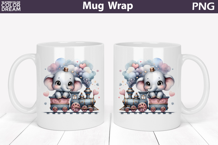Cute Baby Elephant Train Mug Wrap | Sweet Animal Design