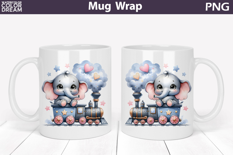 Cute Baby Elephant Train Mug Wrap | Sweet Animal Design
