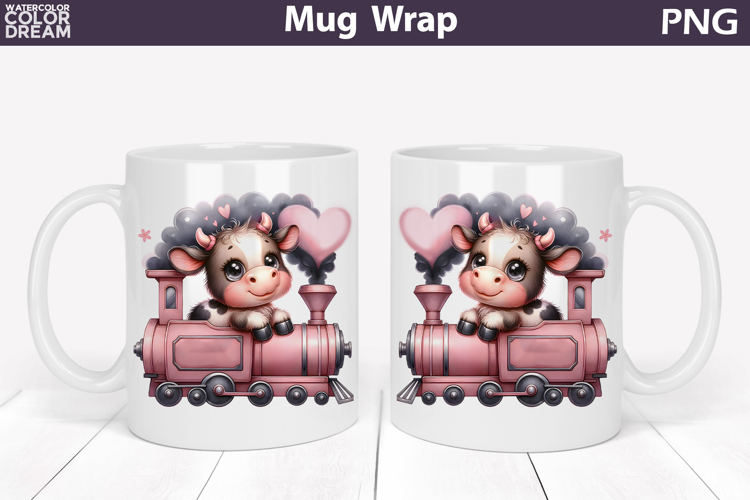 Cute Baby Cow Train Mug Wrap | Sweet Animal Design