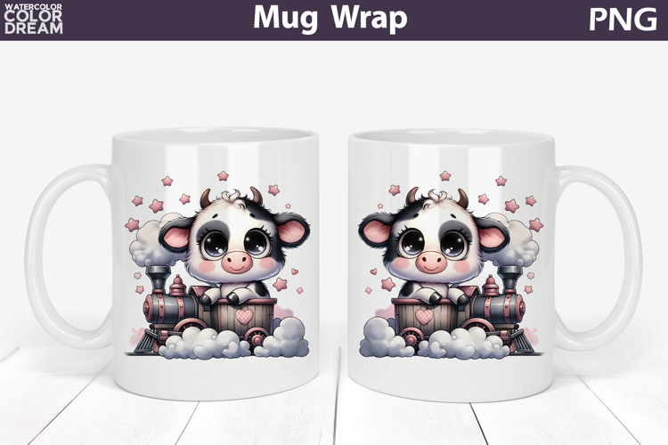 Cute Baby Cow Train Mug Wrap | Sweet Animal Design