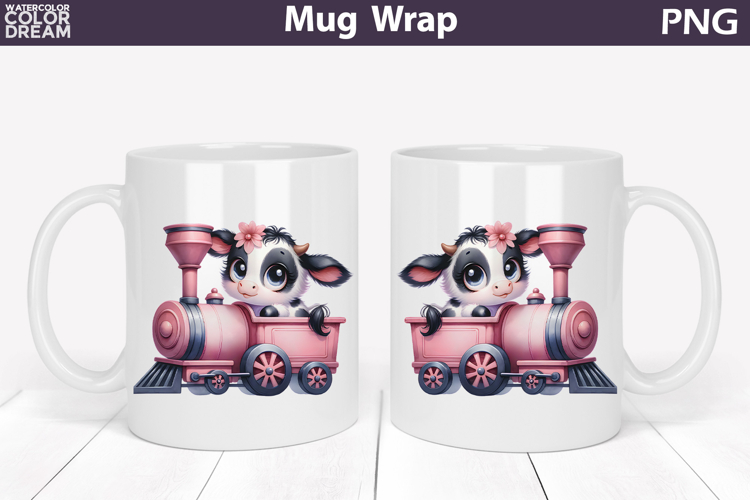 Cute Baby Cow Train Mug Wrap | Sweet Animal Design