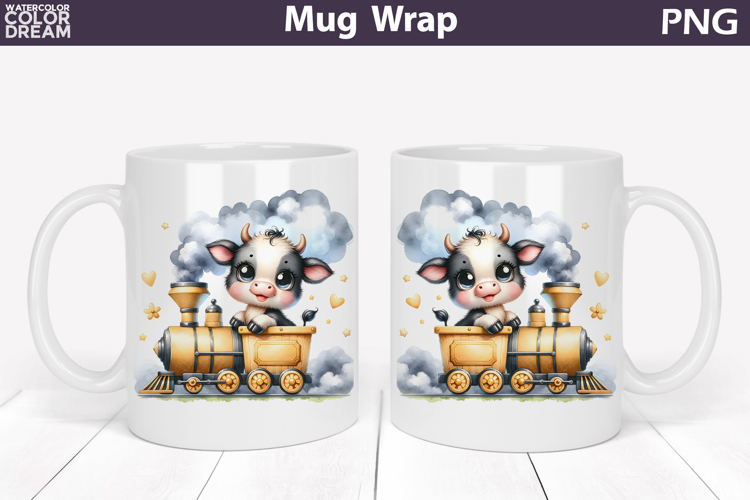 Cute Baby Cow Train Mug Wrap | Sweet Animal Design