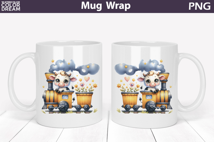 Cute Baby Cow Train Mug Wrap | Sweet Animal Design