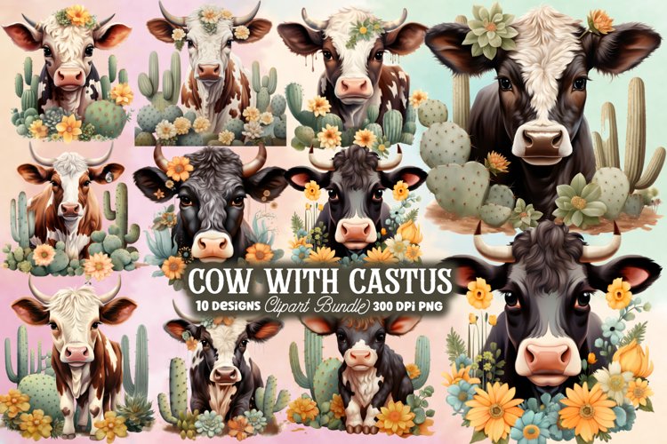 Cow with Castus Sublimation Clipart, Cactus, Mexican