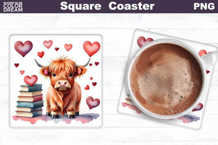 Highland Cow Valentine Square Coaster | Book Lover Coaster