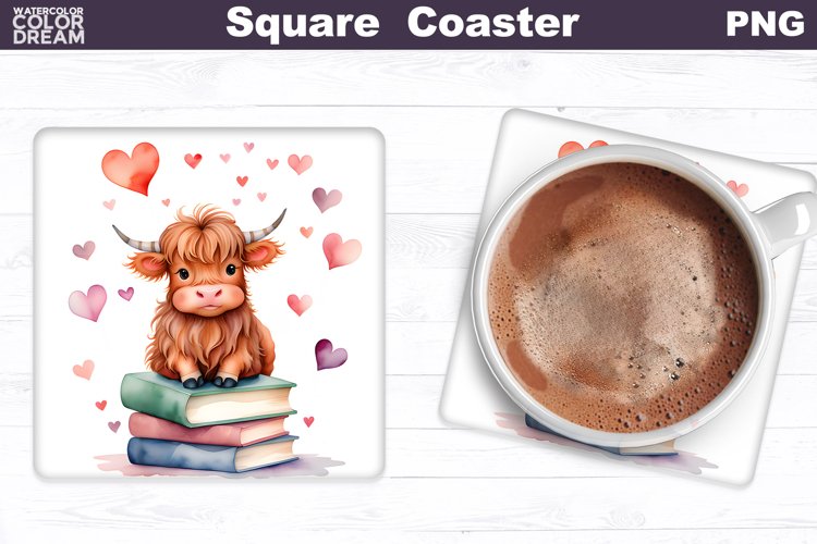 Highland Cow Valentine Square Coaster | Book Lover Coaster