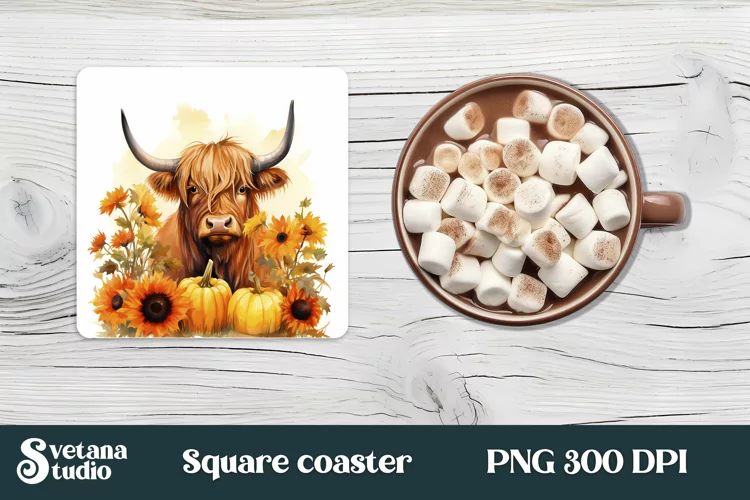 Highland cow sunflower square coaster sublimation design