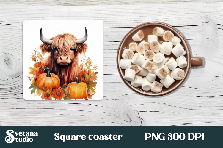 Highland cow sunflower square coaster design