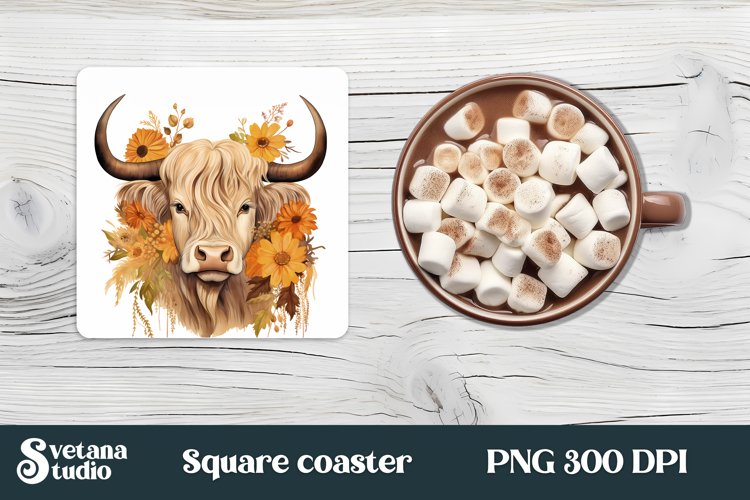 Highland cow sunflower square coaster | Cow coaster design