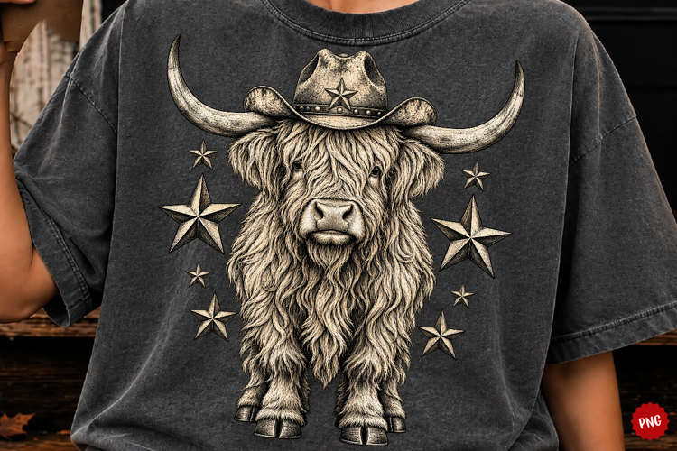 Cowboy Highland Cow PNG, Rustic Western Sublimation Shirt