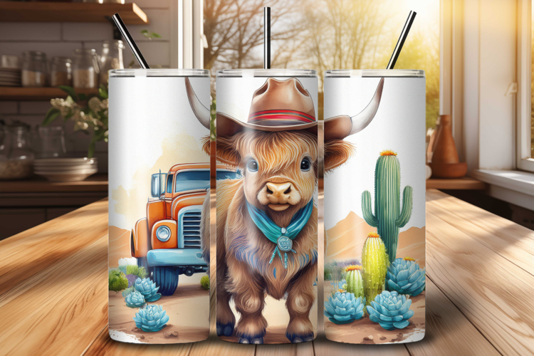 Western Highland Cow Tumbler Wrap, Vintage Truck Sublimation