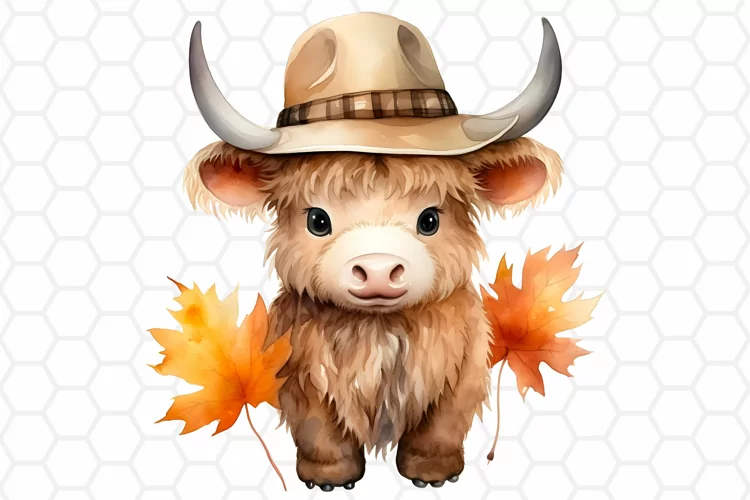 Cowboy Highland Cow Watercolor Clipart, Sublimation PNG
