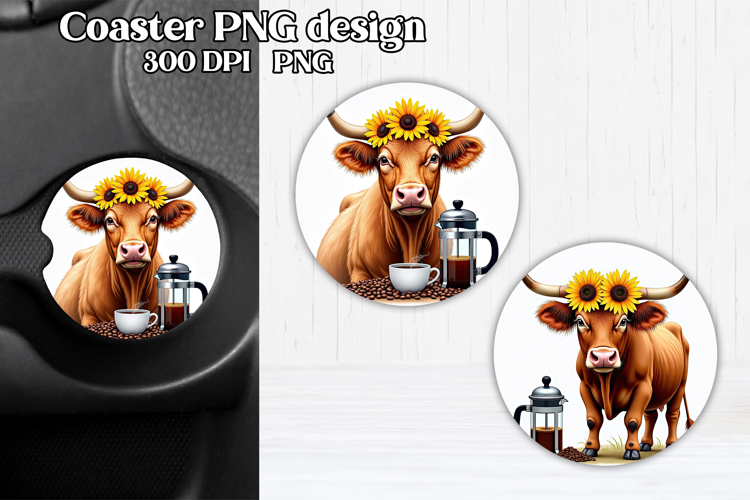 Cute cow car coaster | Farm animal round coaster PNG