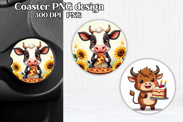 Cute cow car coaster | Farm animal round coaster PNG