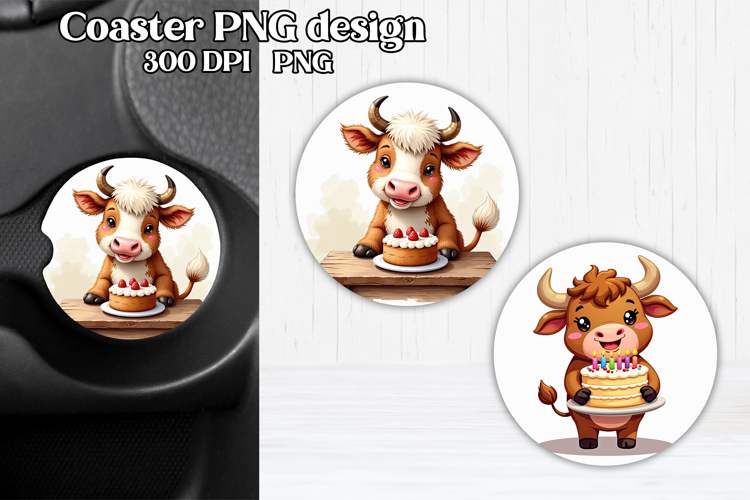 Cute cow car coaster | Farm animal round coaster PNG
